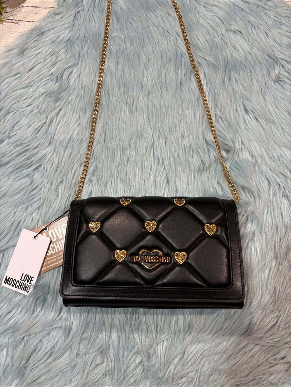 NWT Love Moschino Quilted Black Gold Heart Crossbody Bag